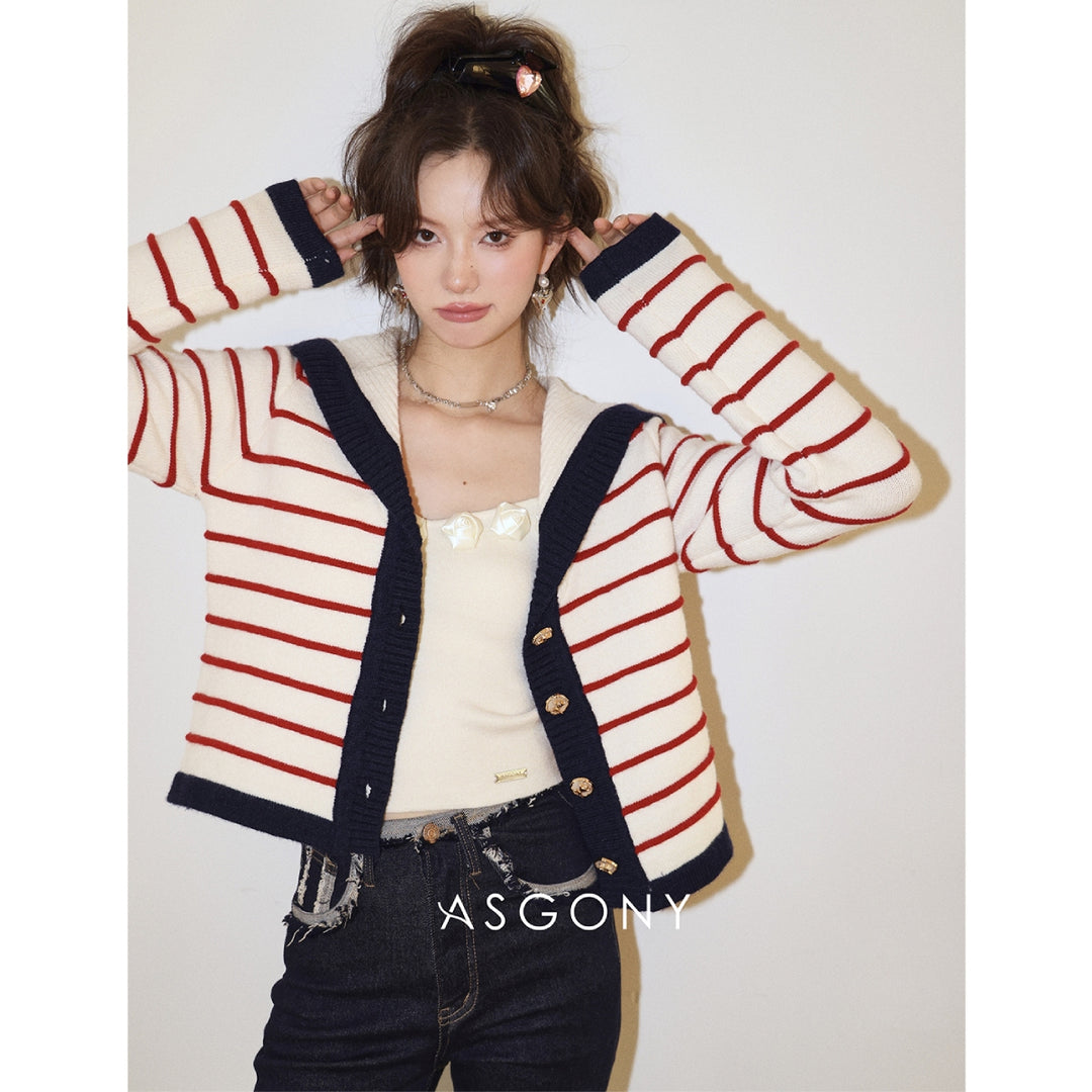 AsGony Sailor Collar Striped Knitted Cardigan Red