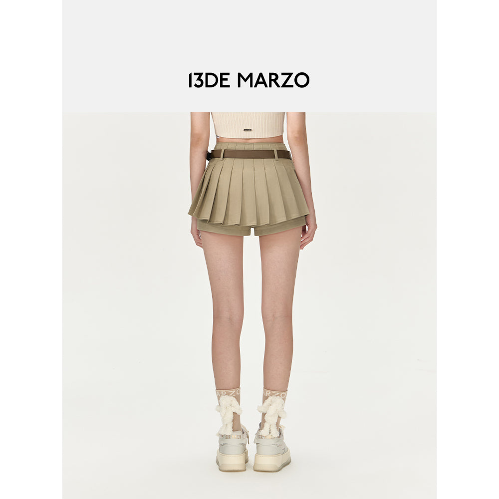 13De Marzo High Waist Belt Pleated Skirt Shorts Khaki