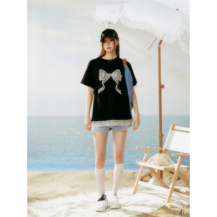 AsGony Lace Patchwork Bow Tie T-Shirt Black