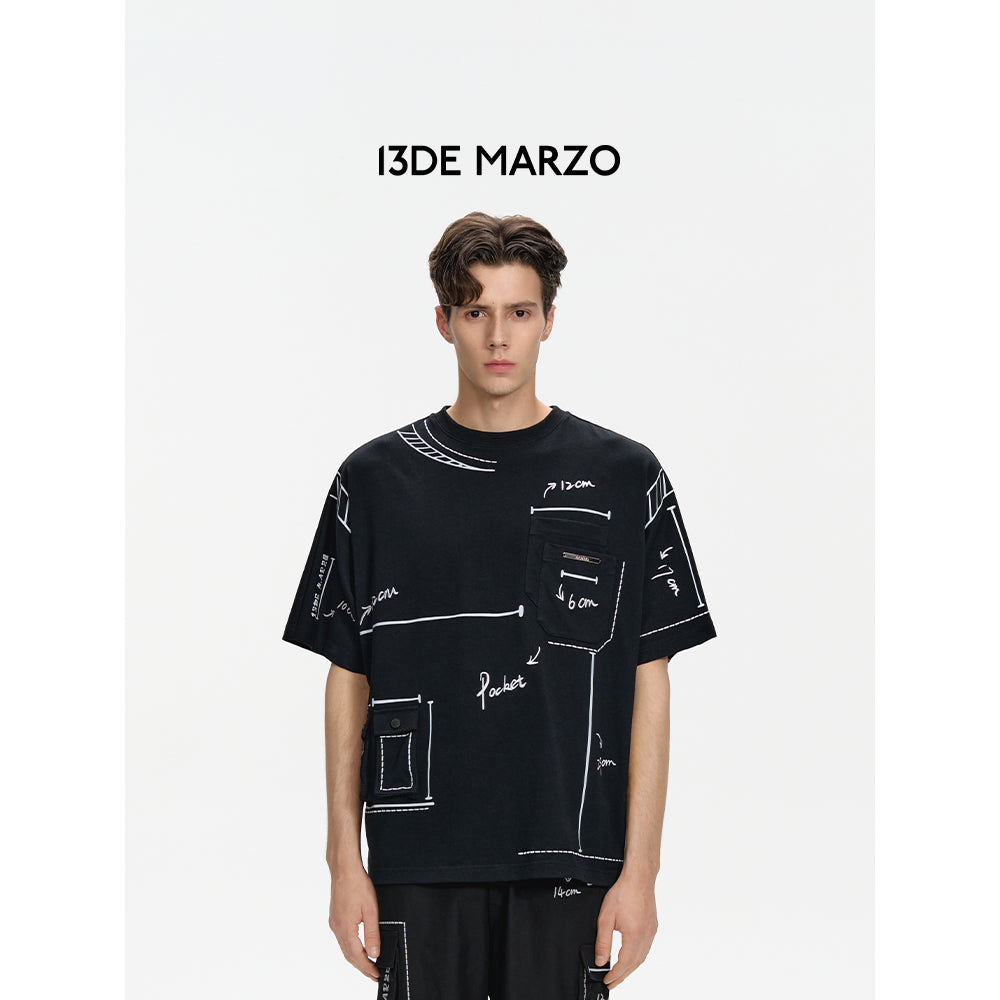 13De Marzo Sketch Line Pocket T-Shirt Black