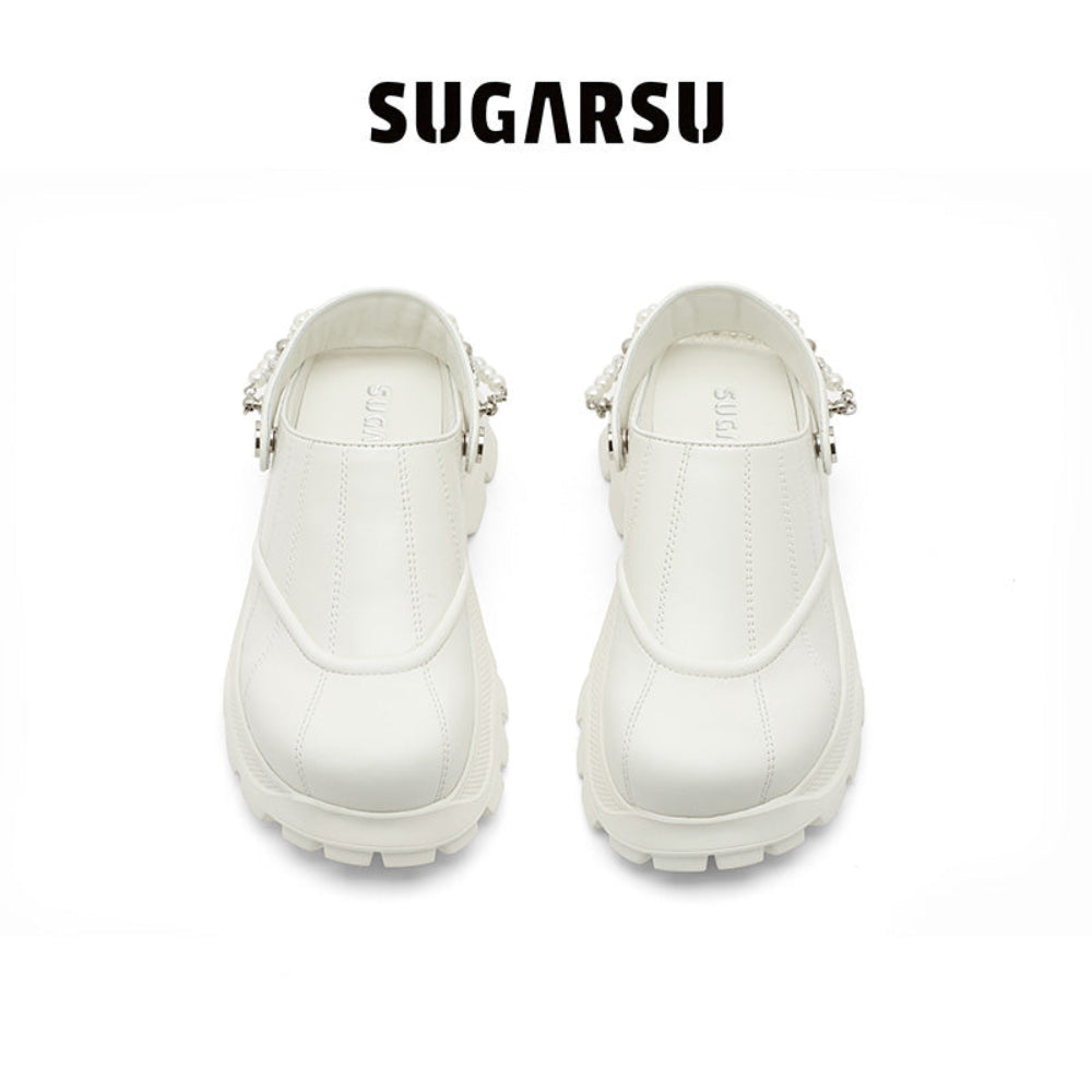 SugarSu Pearl Chain Decorated Tip-Tilt Clog Mules White