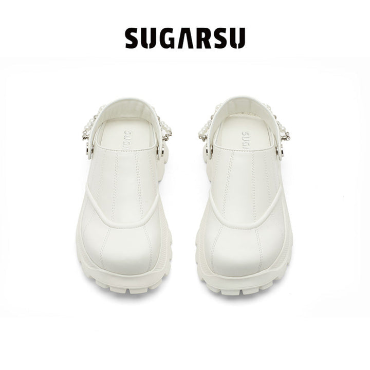 SugarSu Pearl Chain Decorated Tip-Tilt Clog Mules White