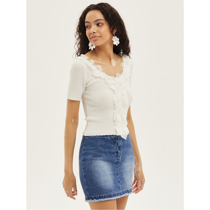 Palavas Lace Edge Short Sleeve Top White