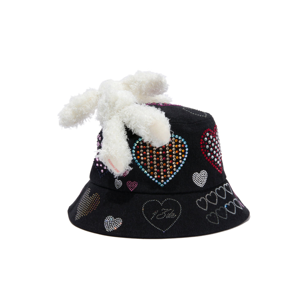 13De Marzo Rhinestone Heart Denim Bucket Hat Black - Mores Studio