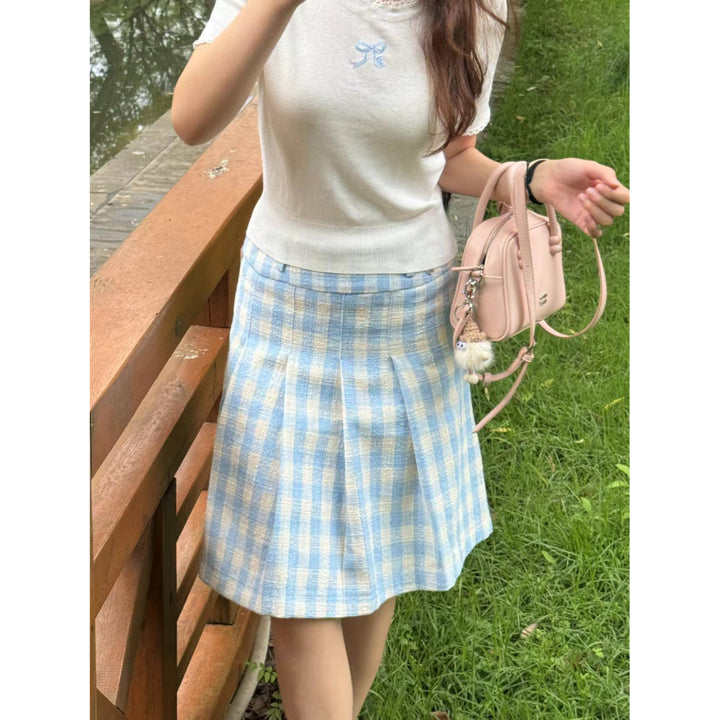 Kroche Plaid Pleated High-Waisted Long Skirt Blue