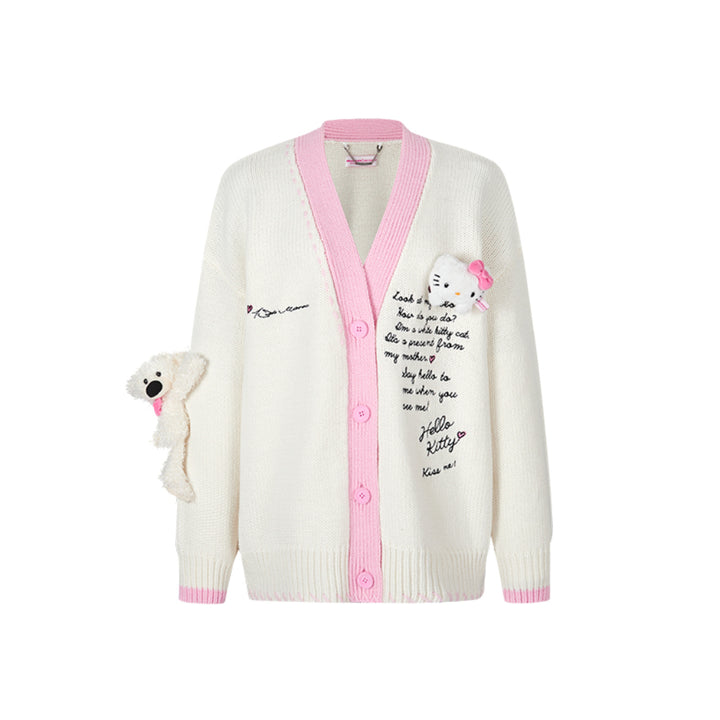 13De Marzo X Hello Kitty Bear Suture Cardigan White