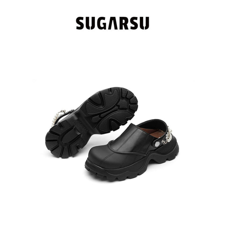 SugarSu Pearl Chain Decorated Tip-Tilt Clog Mules Black