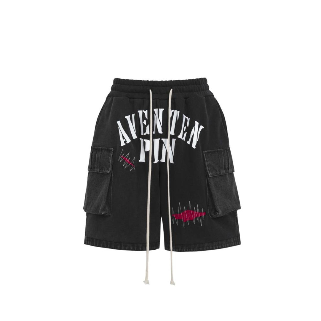 Aventen Pin Denim Patch Sweat Shorts Black - Mores Studio