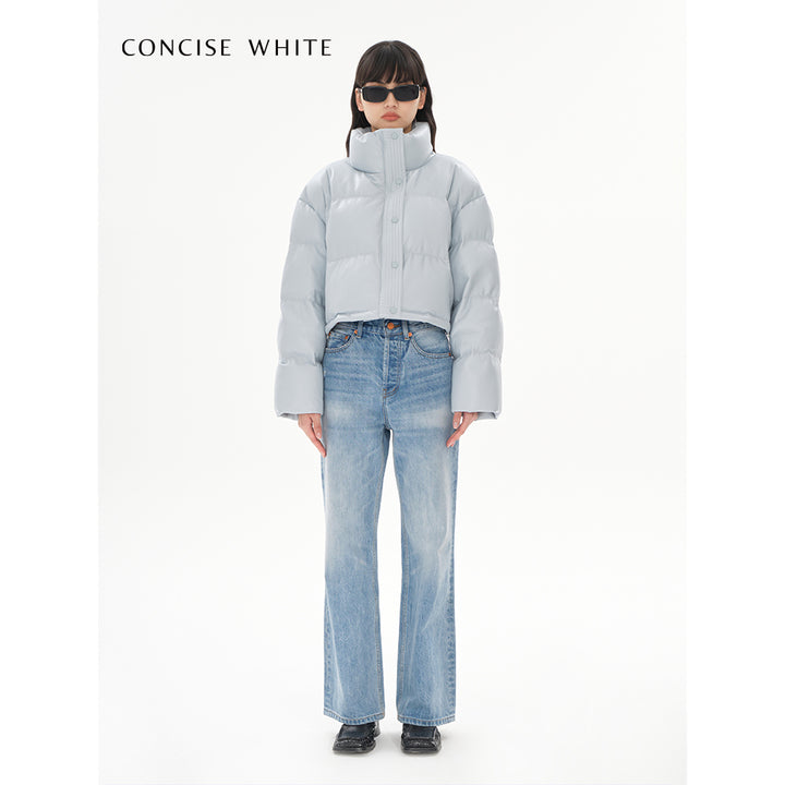 Concise-White PU Leather Puff Cropped Down Jacket Blue - Mores Studio