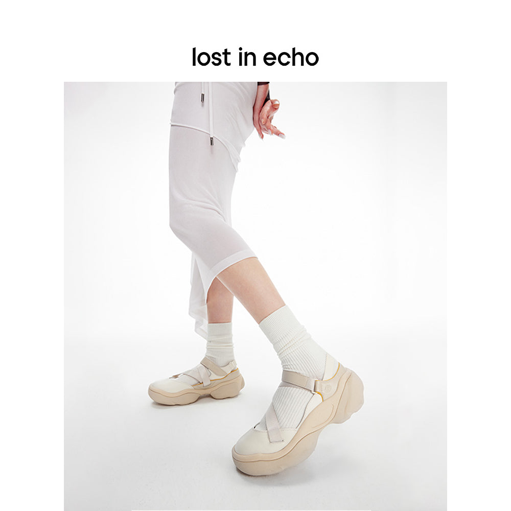 Lost In Echo Asymmetric Thick Sole Casual Sandal Cream - Mores Studio