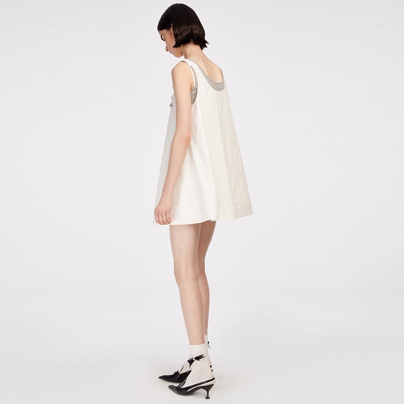 Herlian Fake-2-Piece Beaded Vest Dress White