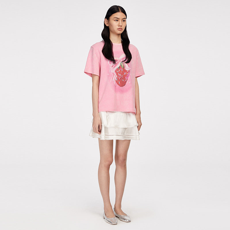Herlian Strawberry Bow Printed Studded T-Shirt Pink