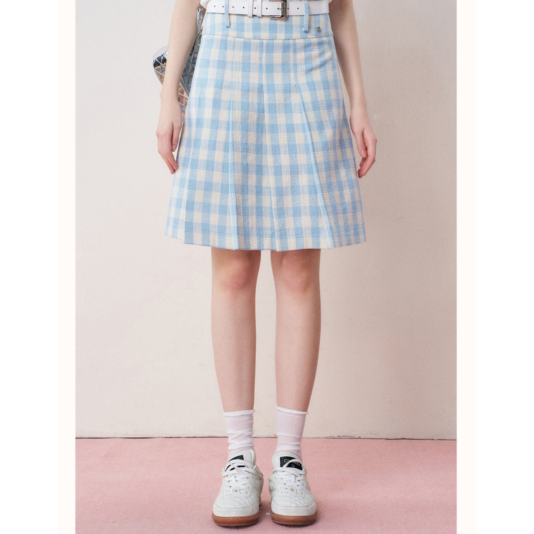 Kroche Plaid Pleated High-Waisted Long Skirt Blue