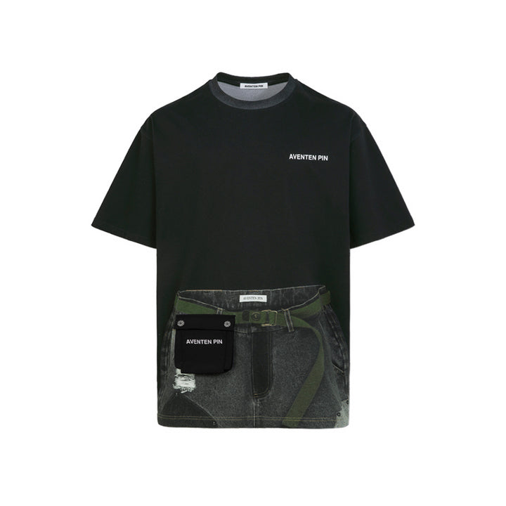 Aventen Pin Contrast Color Denim Pocket T-Shirt Black