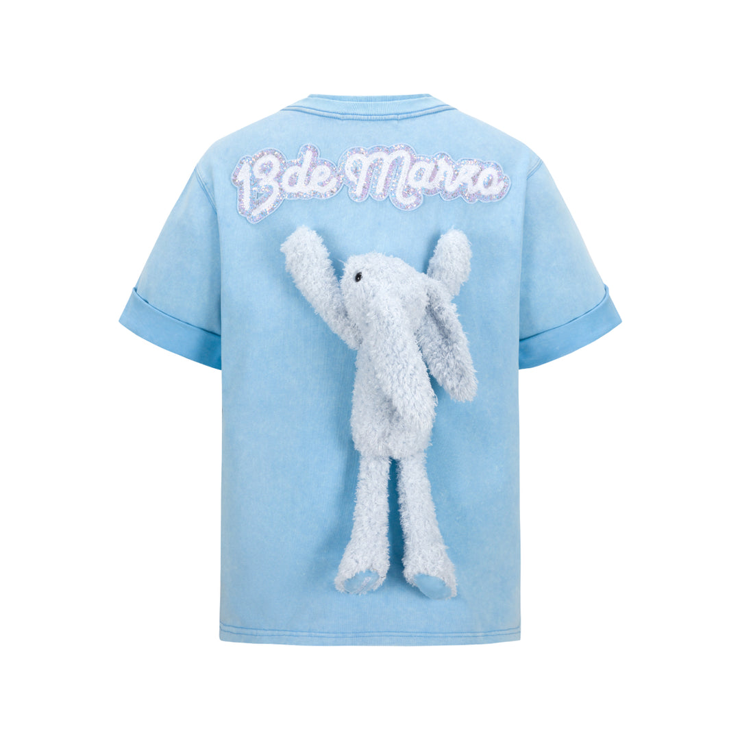 13De Marzo Plush Rabbit Sequins Logo T-Shirt Washed Blue
