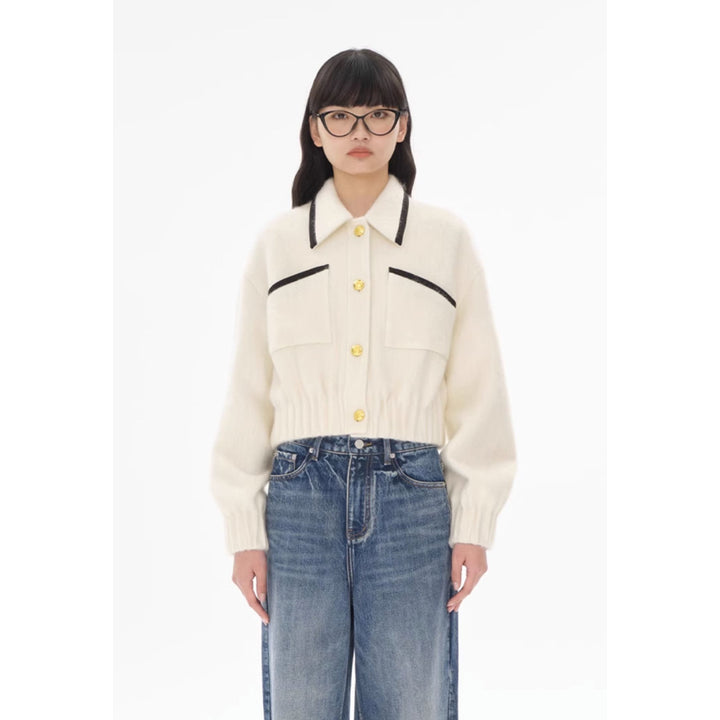 Concise-White Golden Button College Style Woolen Jacket White - Mores Studio