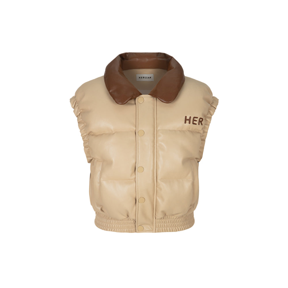 Herlian Embroidery Logo Down Vest Coat Khaki - Mores Studio