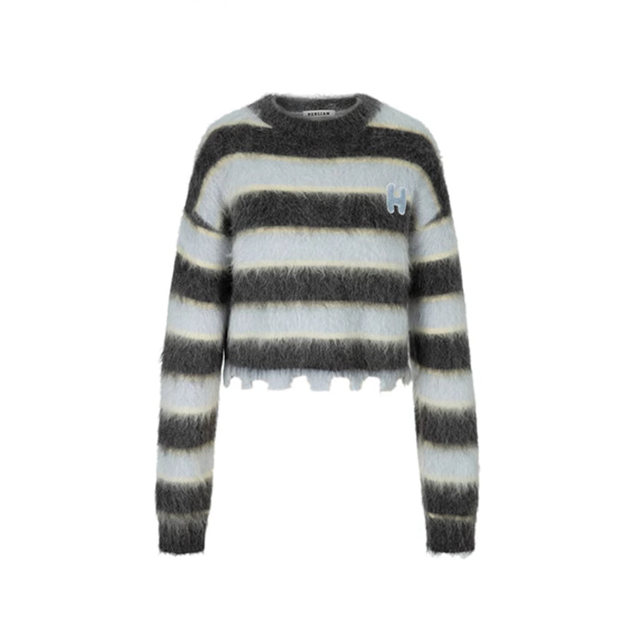 Herlian Raw Edge Striped Mohair Knit Sweater Grey - Mores Studio