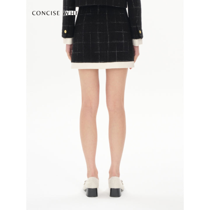 Concise-White Plaid Patchwork Woolen Tweed Skirt Black - Mores Studio