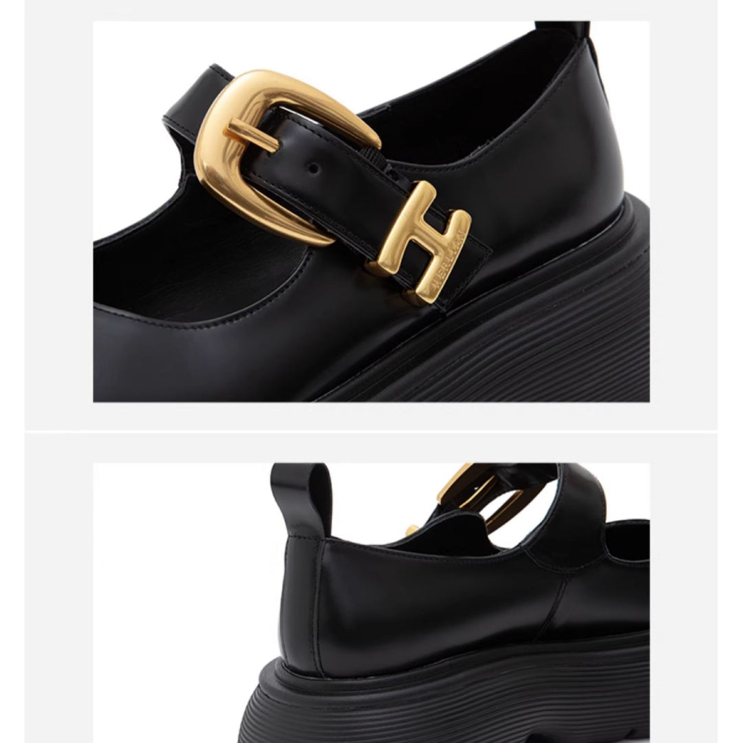Herlian Logo Buckle Thick Sole Leather Mary Jane Black