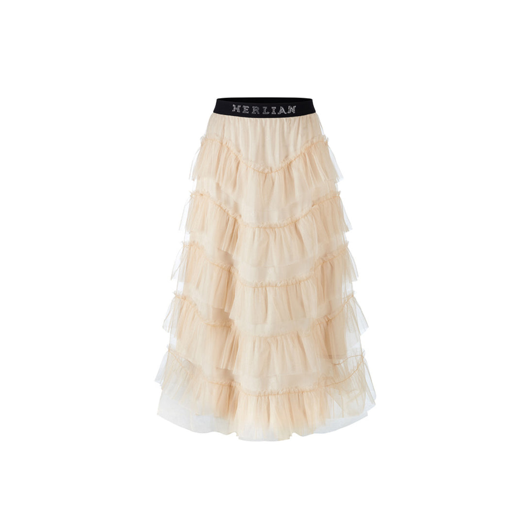 Herlian Rhinestone Logo Waist Gauze Skirt Cream