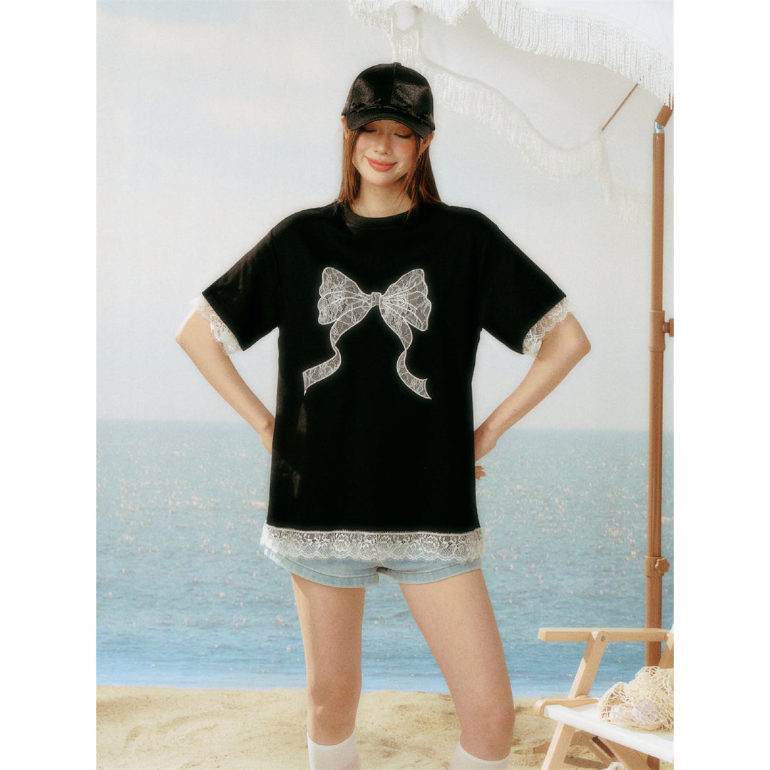 AsGony Lace Patchwork Bow Tie T-Shirt Black