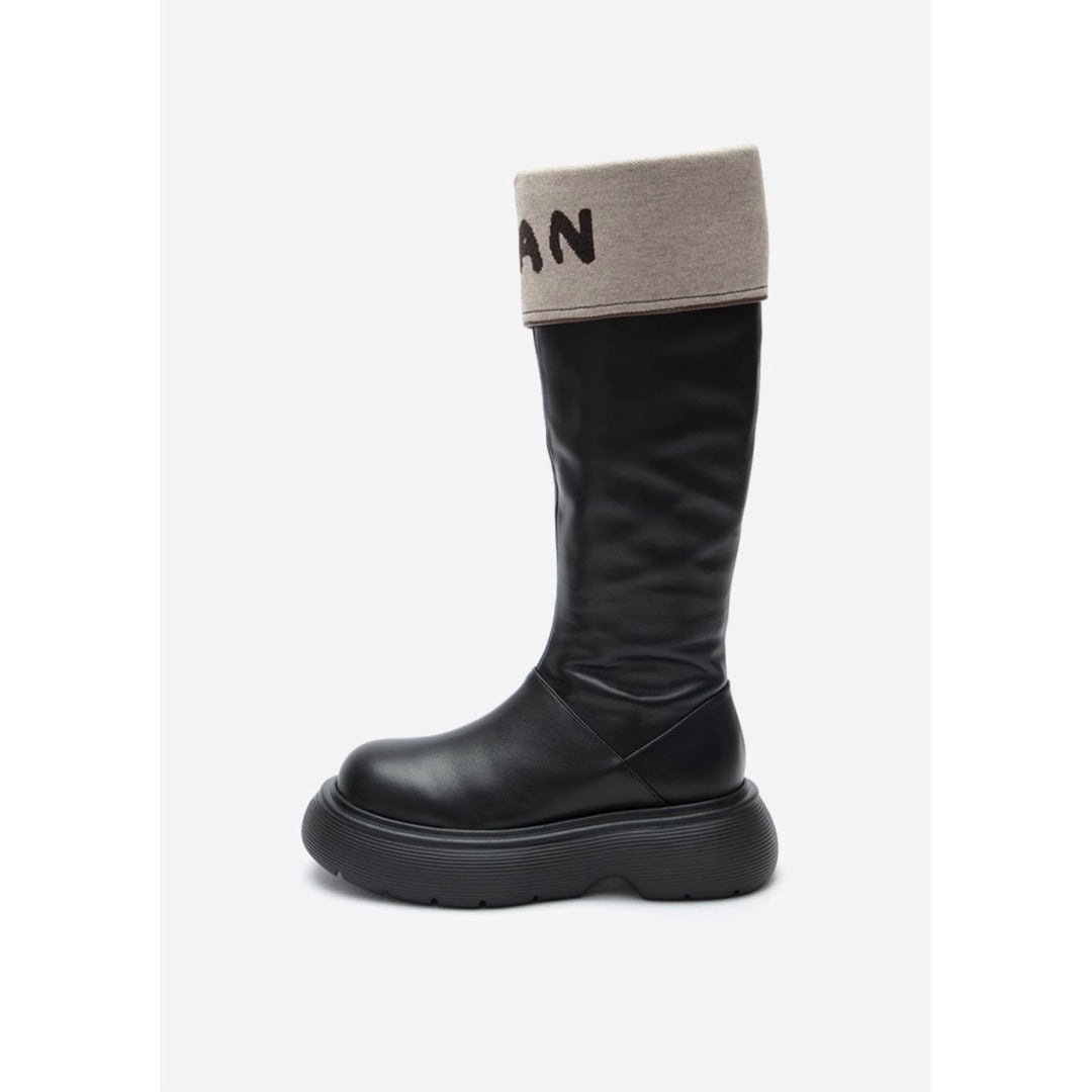 Herlian Flip Logo Leather Heel Boots Black - Mores Studio