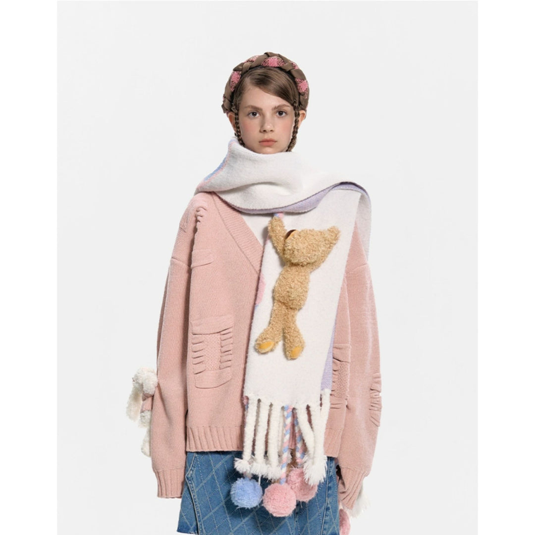 13De Marzo Plush Bear Weave Knit Ball Scarf White - Mores Studio