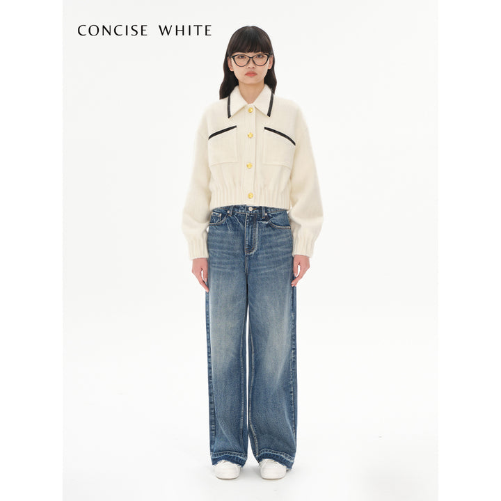 Concise-White Golden Button College Style Woolen Jacket White - Mores Studio