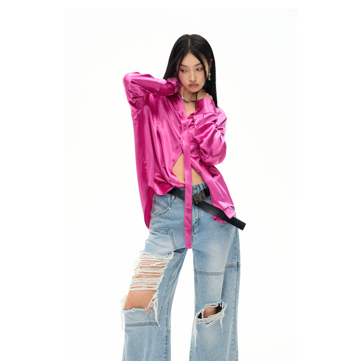 NotAwear Logo Embroidery Oversize Ripple Satin Shirt Rose Red - Mores Studio