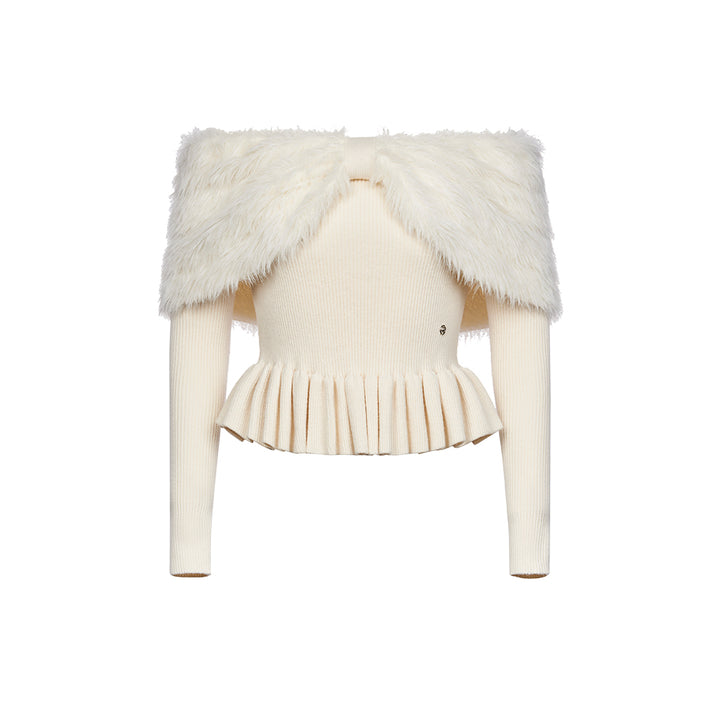 Sheer Luck Alba Off-Shoulder Faux Mink Knit Top White - Mores Studio