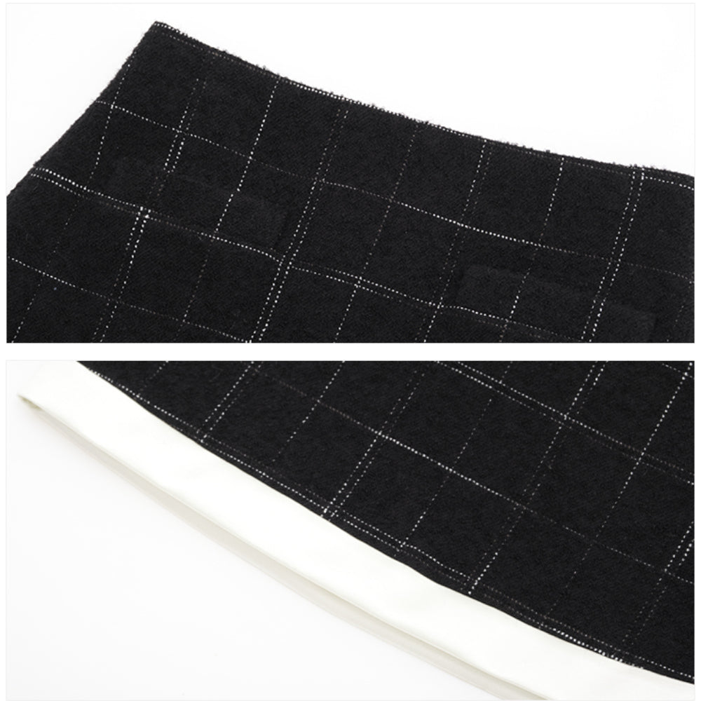 Concise-White Plaid Patchwork Woolen Tweed Skirt Black - Mores Studio