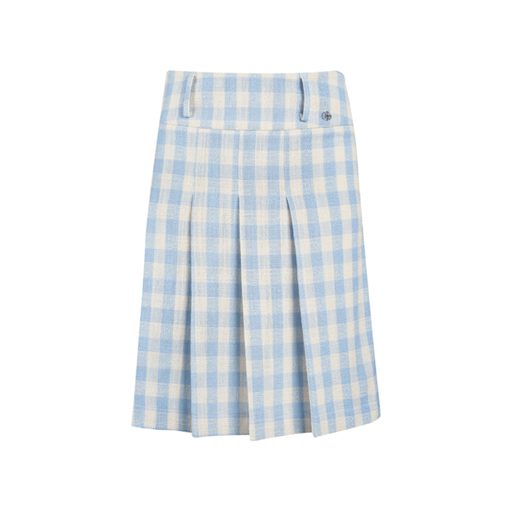 Kroche Plaid Pleated High-Waisted Long Skirt Blue