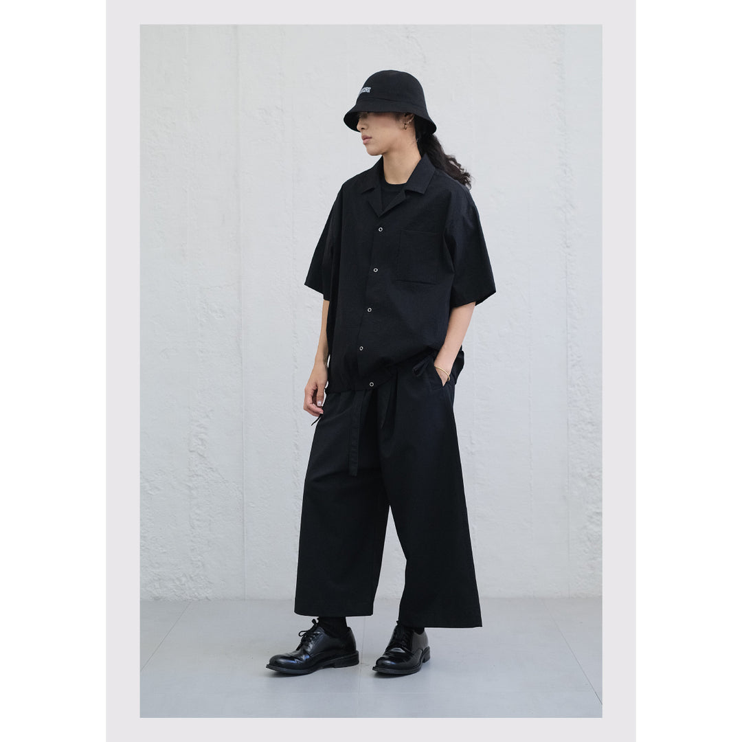 MANUFACTURE Drawstring Short Sleeve Nylon Shirt Black