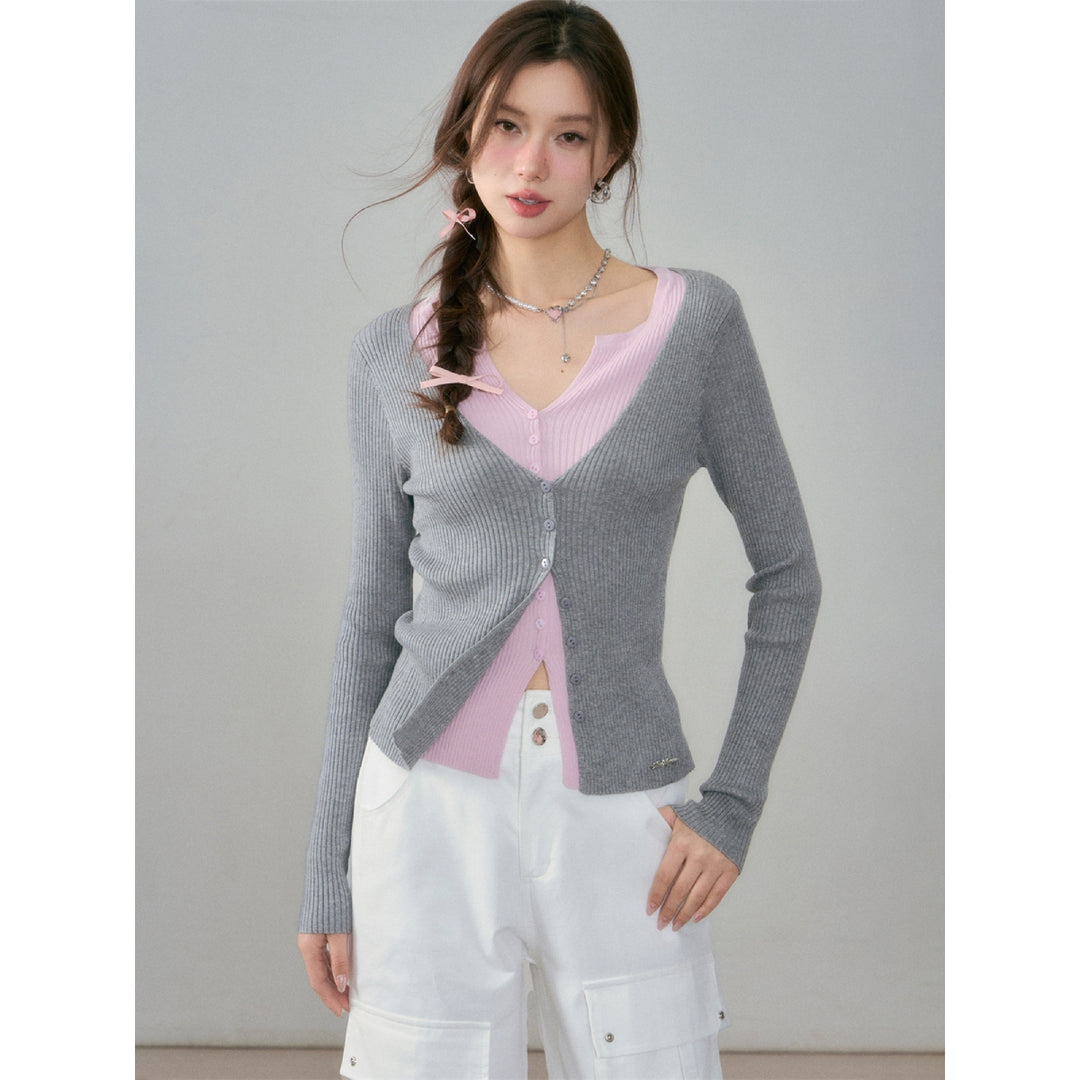 AsGony Contrast Color Fake-2-Piece Knit Cardigan Grey