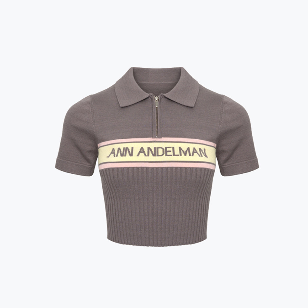Ann Andelman Color Blocked Logo Knitted Short Polo Top Brown