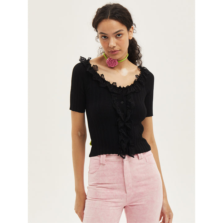 Palavas Lace Edge Short Sleeve Top Black