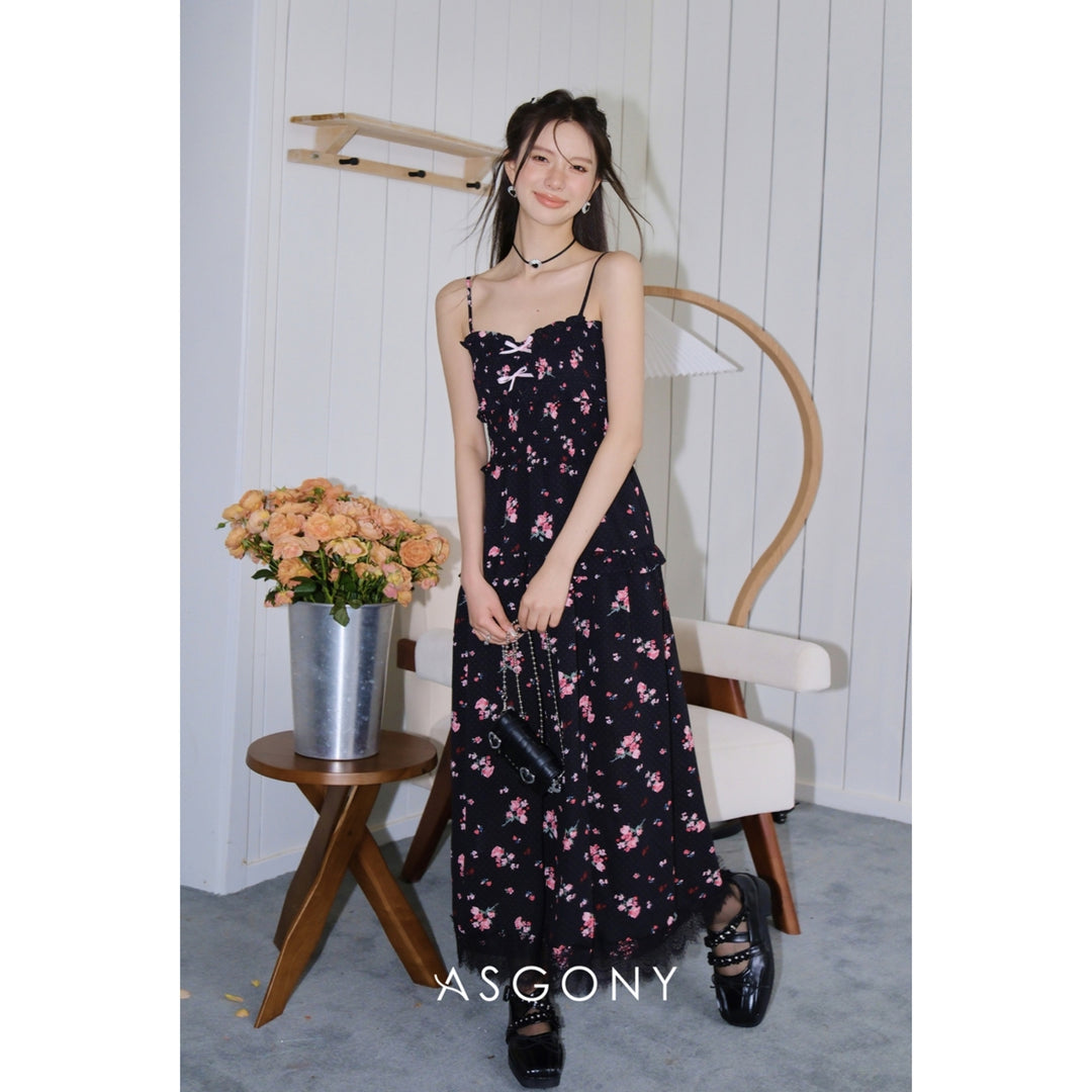 AsGony Floral Suspender Long Dress Black
