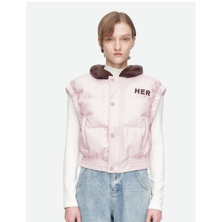 Herlian Embroidery Logo Down Vest Coat Pink - Mores Studio