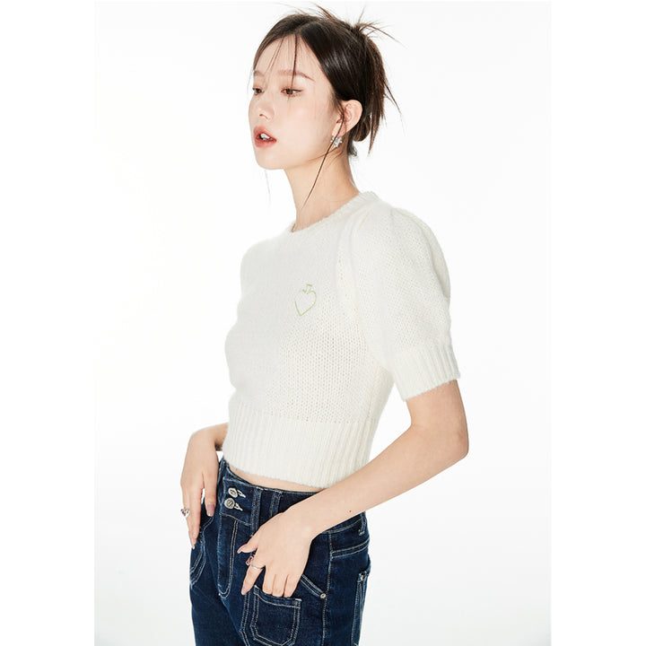 Via Pitti Embroidery Heart Puff Sleeve Knit Top White