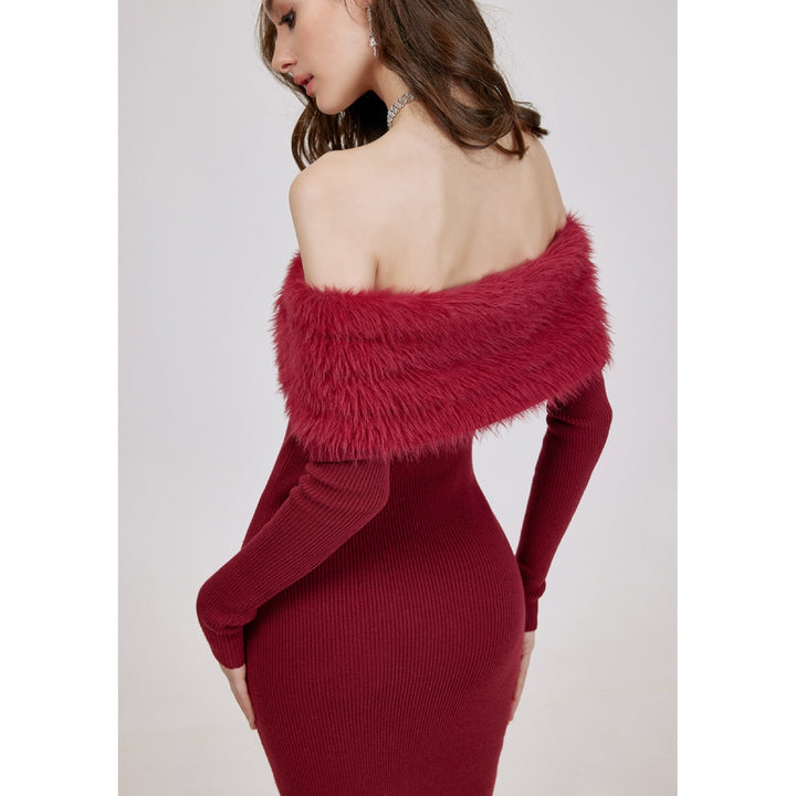 Sheer Luck Nonna Off-Shoulder Faux Mink Slim Knitted Dress Red - Mores Studio