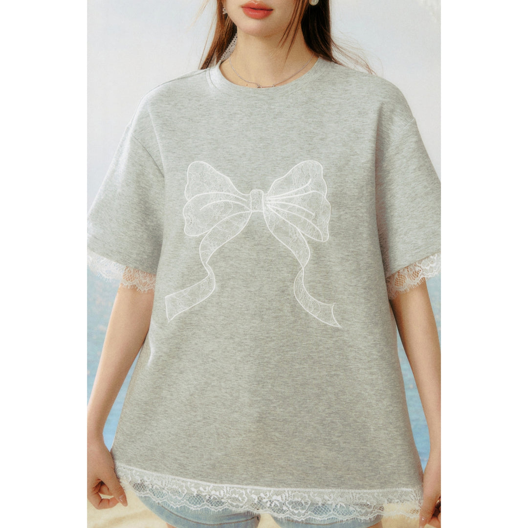 AsGony Lace Patchwork Bow Tie T-Shirt Grey