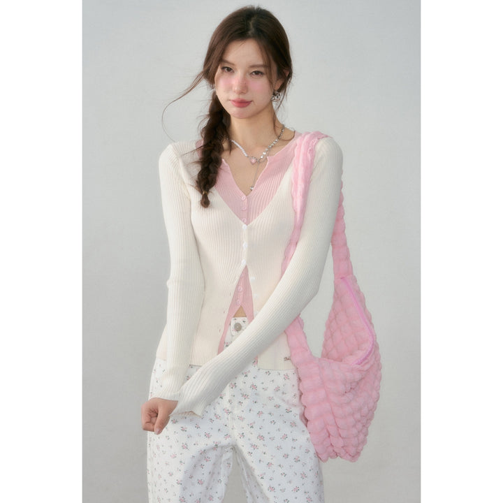 AsGony Contrast Color Fake-2-Piece Knit Cardigan White