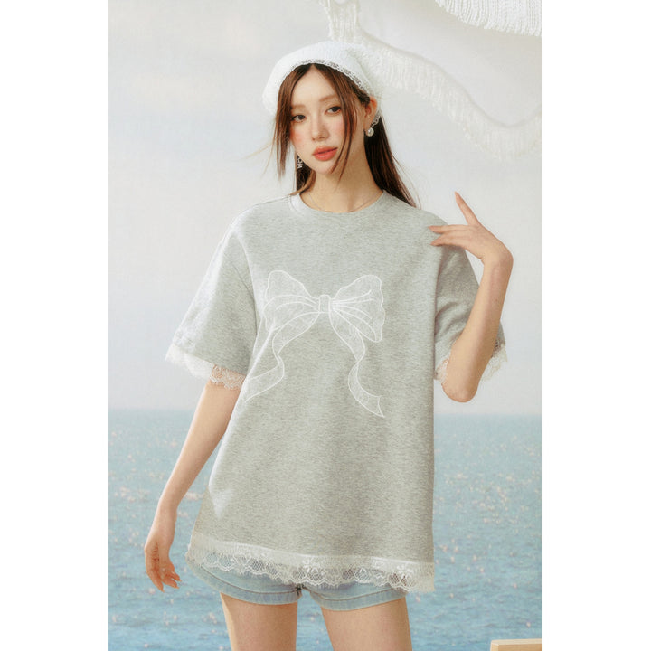 AsGony Lace Patchwork Bow Tie T-Shirt Grey