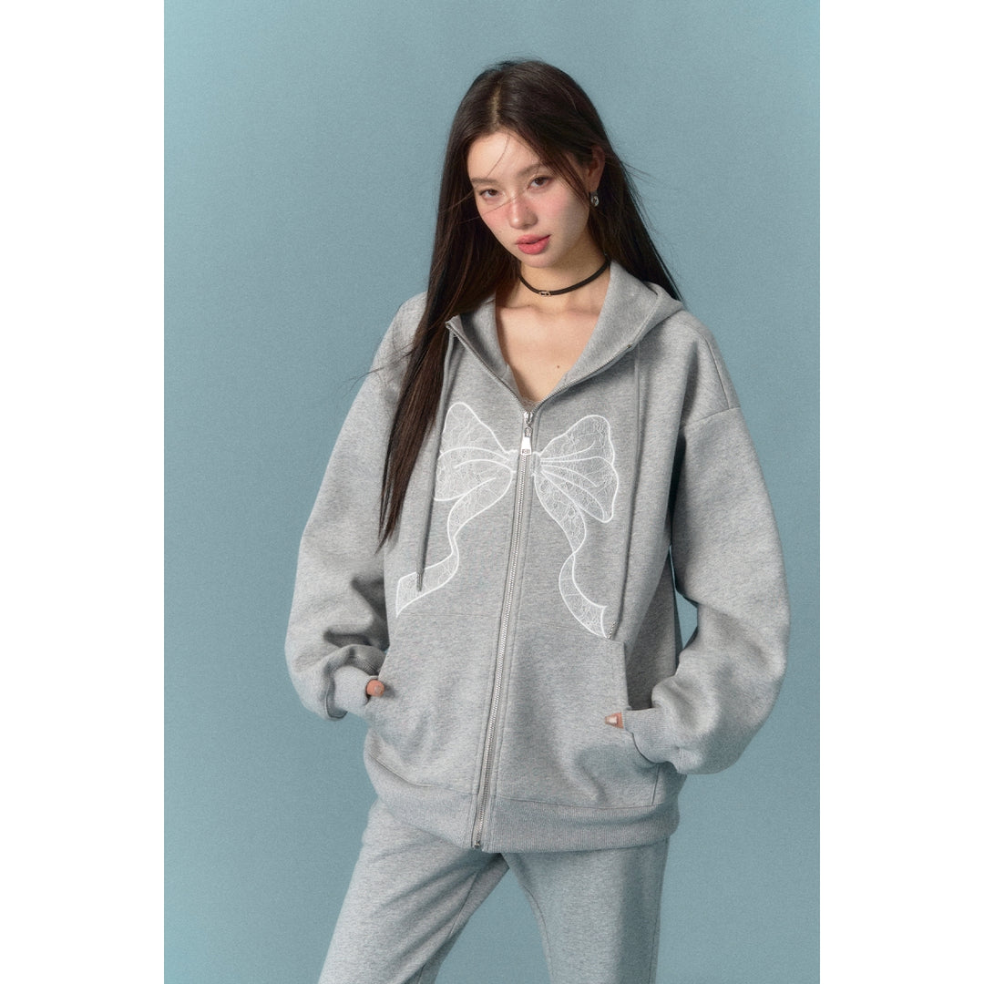 AsGony Bow Patch Zip Up Hoodie Grey