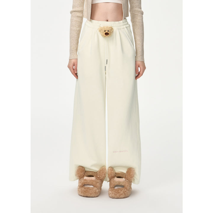 13De Marzo Bear Laced Wide-Leg Casual Pants Beige