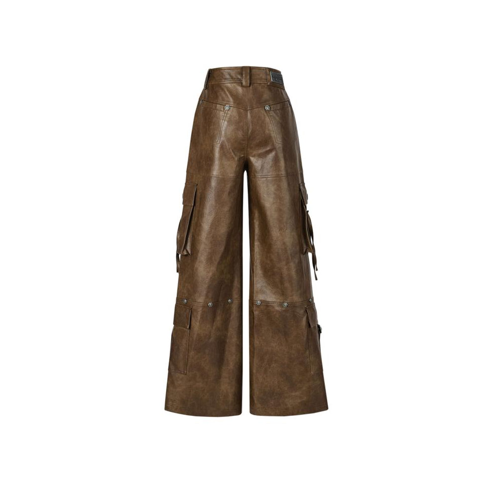Weird Market Multi Pockets Leather Cargo Pants Brown - Mores Studio