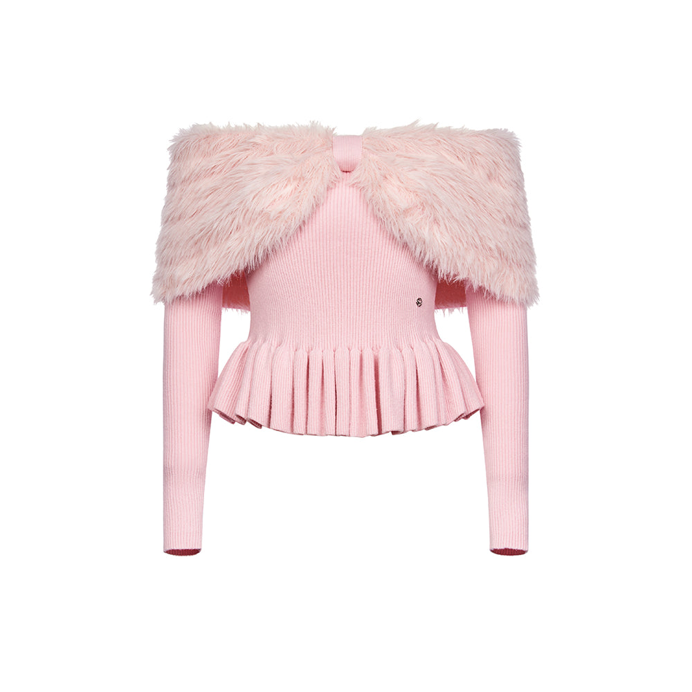 Sheer Luck Alba Off-Shoulder Faux Mink Knit Top Pink - Mores Studio