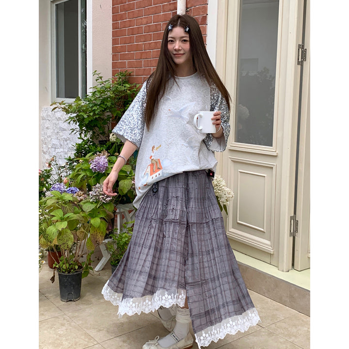 YANAG Pleated Asymmetrical Lace Trim Midi Skirt Gray