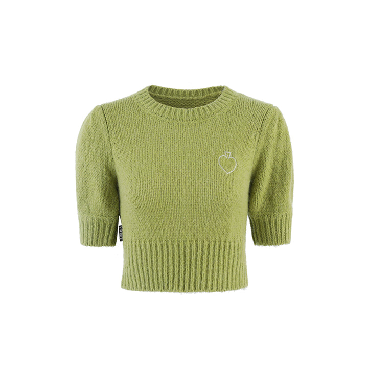 Via Pitti Embroidery Heart Puff Sleeve Knit Top Green